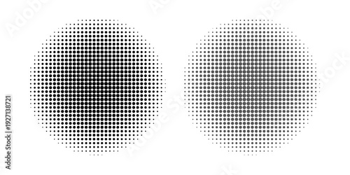 Set of halftone dots gradient pattern texture isolated on white background. Straight dotted spots using halftone circle dot raster texture.