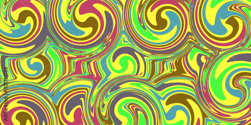 an abstract, vibrant swirl of bold colors, including red, yellow, green, blue, black, and white. The flowing, liquid-like patterns create a chaotic yet dynamic composition, evoking energy and movement