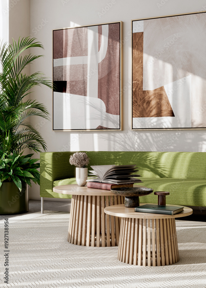 Fototapeta premium Large illustration 3D rendering luxury modern bright interiors Living room mockup with Couch and Ceiling Fan Ventilation