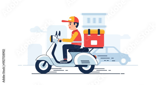 Fast delivery service rider on scooter with insulated bag bringing food order to customer on city street