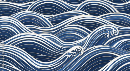 Elegant abstract pattern of blue and white wavy lines creating a dynamic representation of flowing water or stylized ocean waves