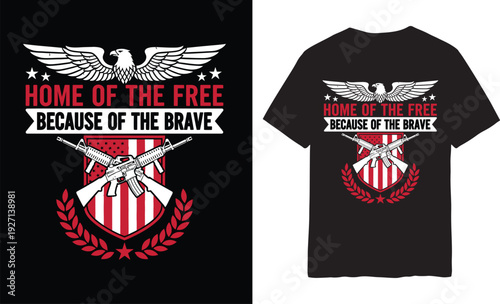 Home of the Free: Patriotism on Display: An emblem of freedom and valor graces a black t-shirt design, embodying the spirit of those who defend their home. Emblazoned with a patriotic message.