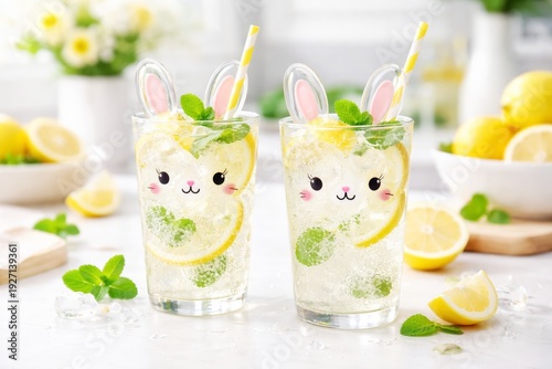 Bilde på lerret Two refreshing lemonades in cute bunny glasses with mint and lemon slices, perfe