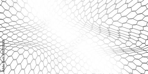 Fishing or soccer net. Repeated hexagon pattern. Black wired mesh texture isolated on white background. Metallic or fabric fence, cage or lattice structure. Vector graphic Illustration.