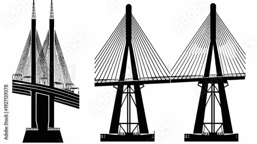 Stylized, minimalist illustrations of a suspension bridge in monochrome, showing detailed infrastructure