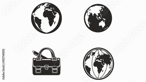 Collection of business and travel-related icons. Globes and briefcase with simple, bold, black and white design