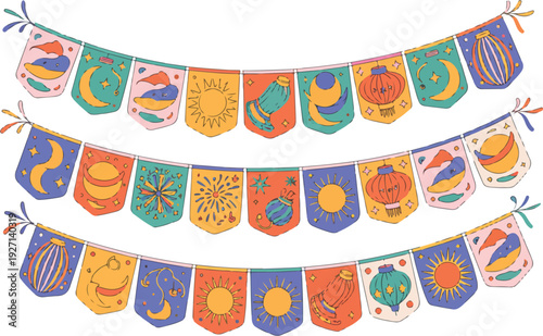 Creative carnival garland set with assorted flag shapes featuring stars hearts and dots for party decoration