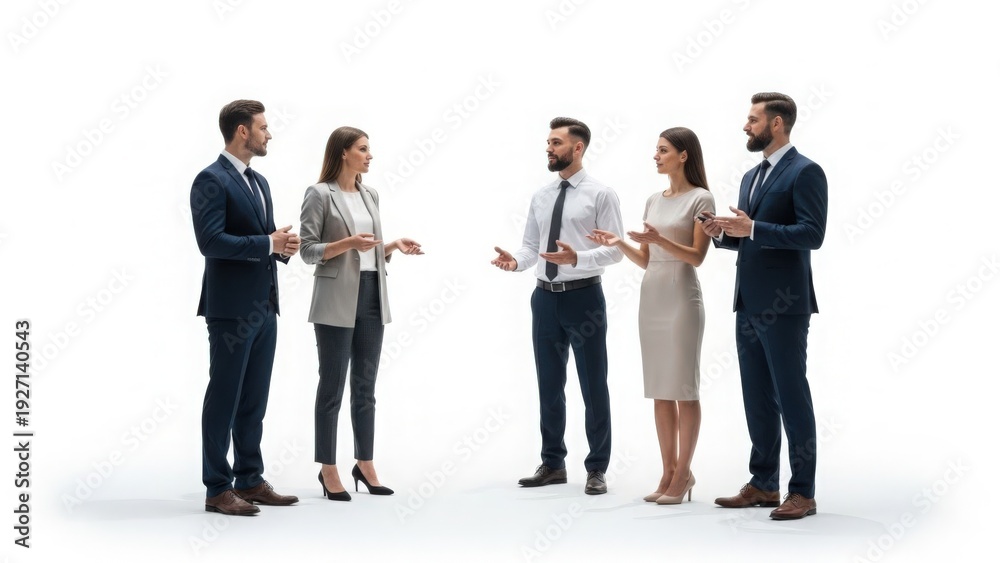 Obraz premium Business professionals in formal attire discussing on white background