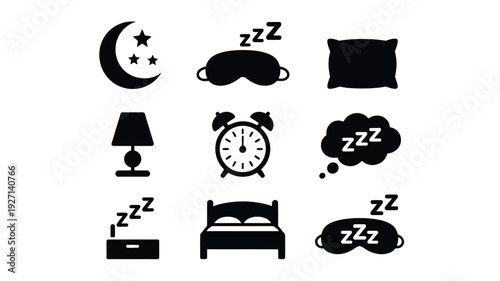 Minimalist sleep icons set with moon, stars, lamp, alarm clock, zzz, radio and bed vector illustration