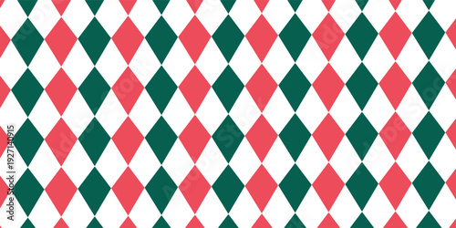 Christmas rhombus seamless pattern. Red and green xmas plaid texture with gold line. Argyle geometric diamond pattern. Christmas abstract wrapping bg. Vector illustration isolated on white background.