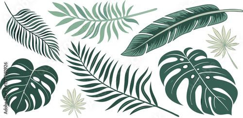 A watercolor illustration showcasing an assortment of tropical foliage. The composition features various types of leaves, including Monstera, banana leaves, ferns, palm fronds, and heart-shaped leaves