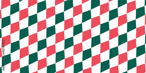 Christmas rhombus seamless pattern. Red and green xmas plaid texture with gold line. Argyle geometric diamond pattern. Christmas abstract wrapping bg. Vector illustration isolated on white background.