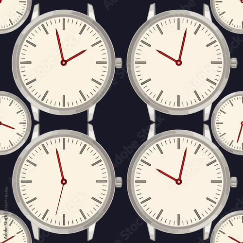 Seamless pattern of classic analog watches with red hands on a dark background, symbolizing time, punctuality, and the flow of moments.