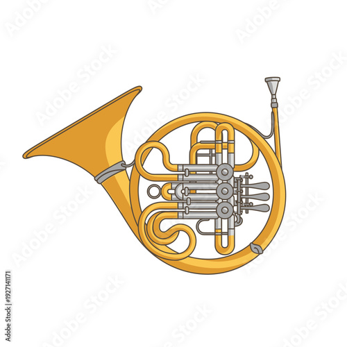 Golden french horn illustration isolated on white background