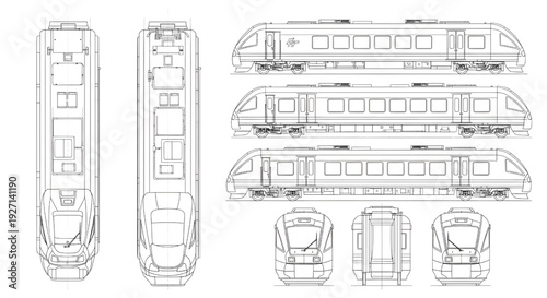 Modern Train AutoCAD Blueprint Vector – Multi-View Railway Car Technical Drawing in Black Outline