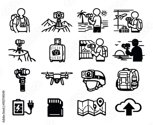 Travel photography icons showing gear and activities on background