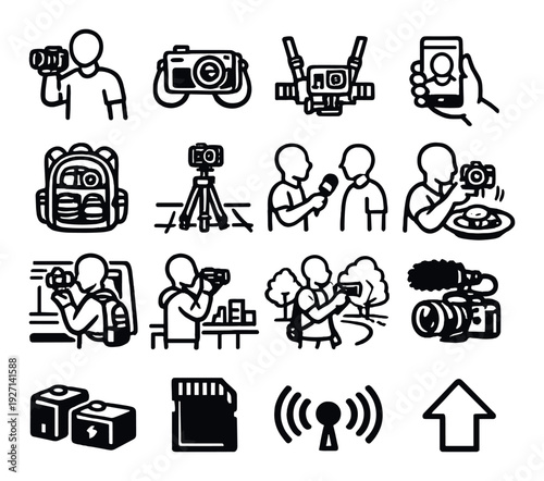 Visual media and videography icons showing equipment and field use
