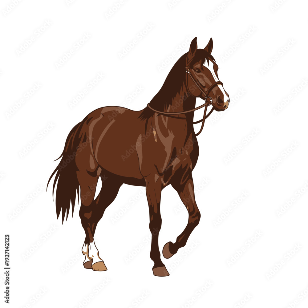 Obraz premium Elegant brown horse with bridle walking on a clean white background