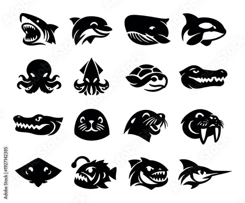 Assorted sea creature icons arranged in grid on dark background