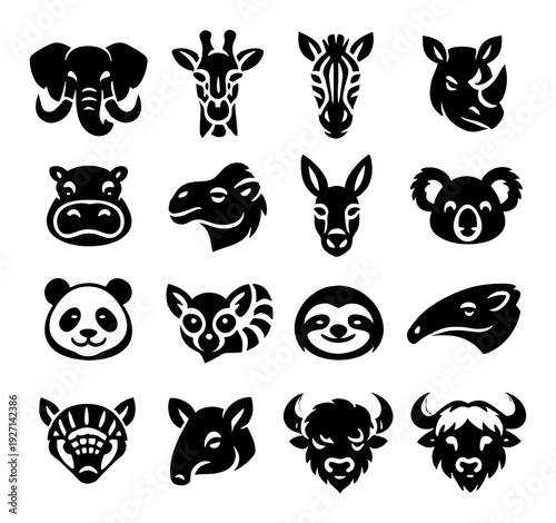 Various mammal head icons arranged in grid on dark background