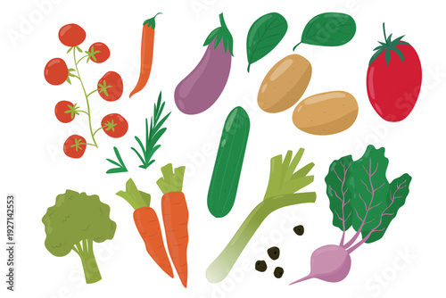 Hand drawn vegetable vector set with organic tomato, carrot, broccoli, eggplant, potato and greens. Fresh farm food icons isolated on white background for kitchen garden, menu and vegan design.