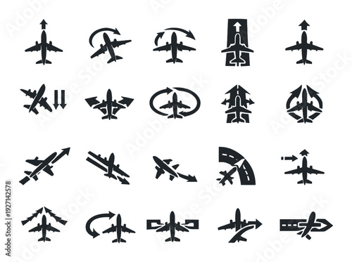 Airplane symbols demonstrating directional maneuvers on dark panel