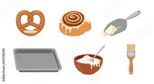 Bakery items illustration pretzel cinnamon roll flour baking tools isolated