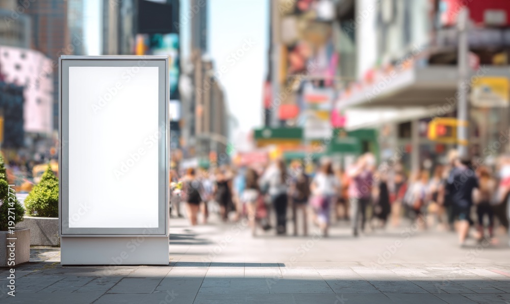 Obraz premium A large white billboard is on the sidewalk in a busy city