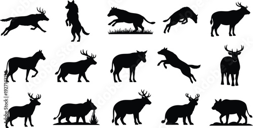 Collection of black silhouettes of various deer and antelope species