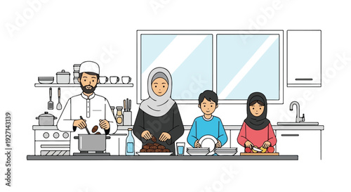 Family cooking together in a modern kitchen, a warm and harmonious domestic scene