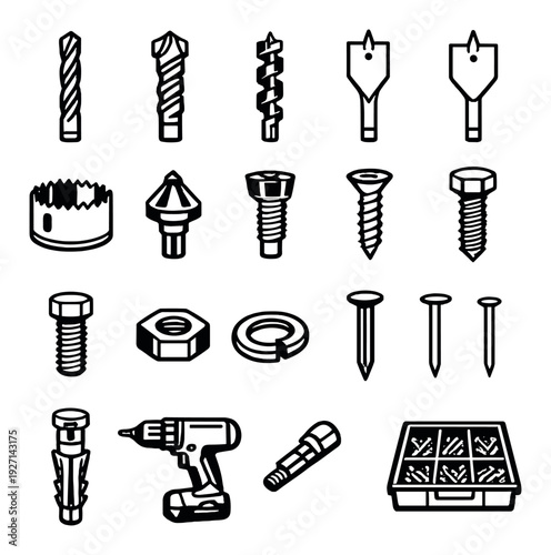 Assorted drill bits fasteners and power drill on gray backdrop