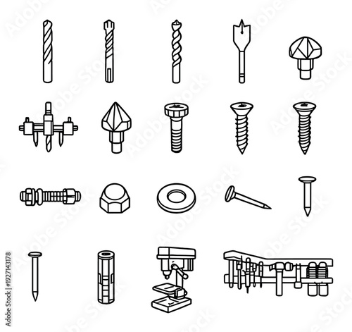 Drill bits screws and hardware tools displayed on gray background