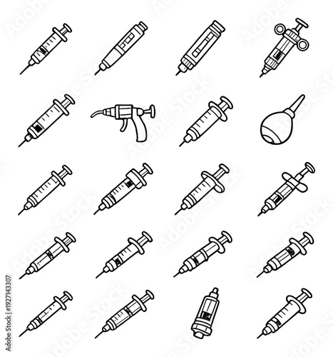 Multiple syringes arranged in a grid on gray background