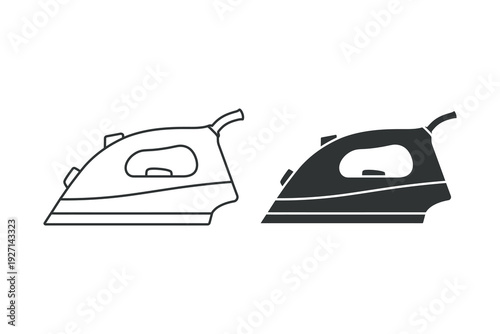 Simple line art illustration of two irons in different colors.