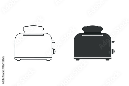 Simple black and white toaster illustration on white background.