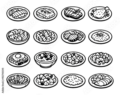 Variety of plated meal drawings organized in rows on gray gradient