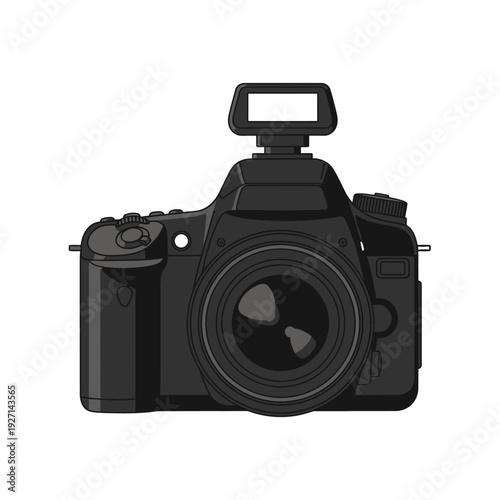 Black camera illustration with flash isolated on a white background