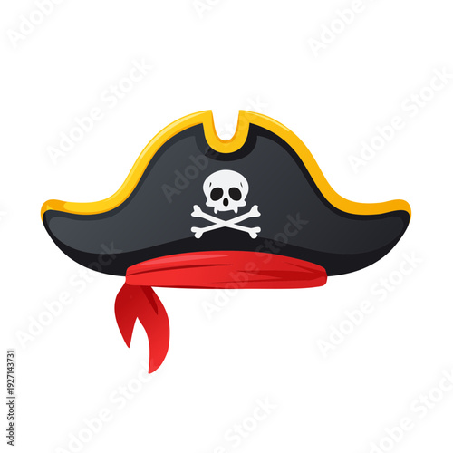 An illustration of a pirate hat with skull and crossbones emblem and red sash