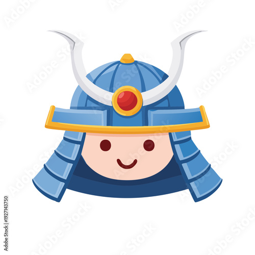 A cheerful cartoon Samurai head, wearing blue helmet
