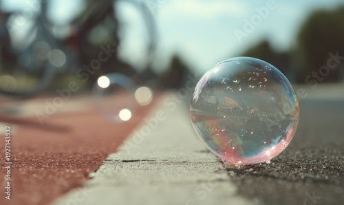 A bubble is on the ground next to a bike