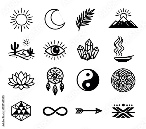Spiritual and nature symbols displayed in grid on gray background