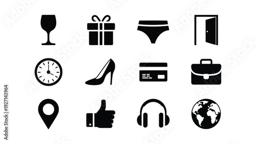 Minimalist vector illustration featuring wine glass, gift, clock, high heel, location pin, and thumbs up icons in flat design
