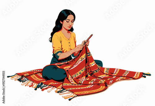 A woman sitting cross-legged intricately weaving a colorful and patterned blanket, showcasing traditional techniques and vibrant textile artistry in a peaceful setting.