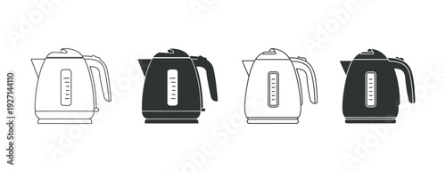 Set of electric kettles in different designs and colors.