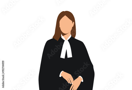 Illustration of a Female Lawyer in Classic Courtroom Attire with a Distinctive White Neckband on a Minimalist Background