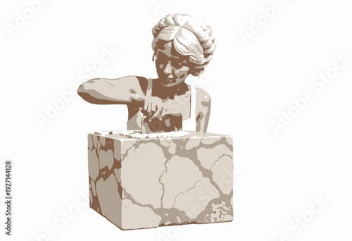 Young Woman in Historical Costume Using Specialized Tool on Decorative Marble Block in Intricate Artistic Display