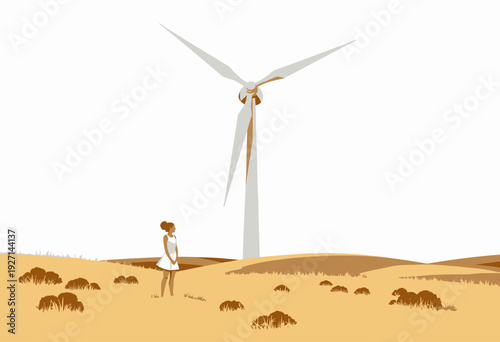 A Serene Landscape Featuring a Woman in a White Dress Admiring a Large Wind Turbine in a Golden Grassy Field During a Sunny Day
