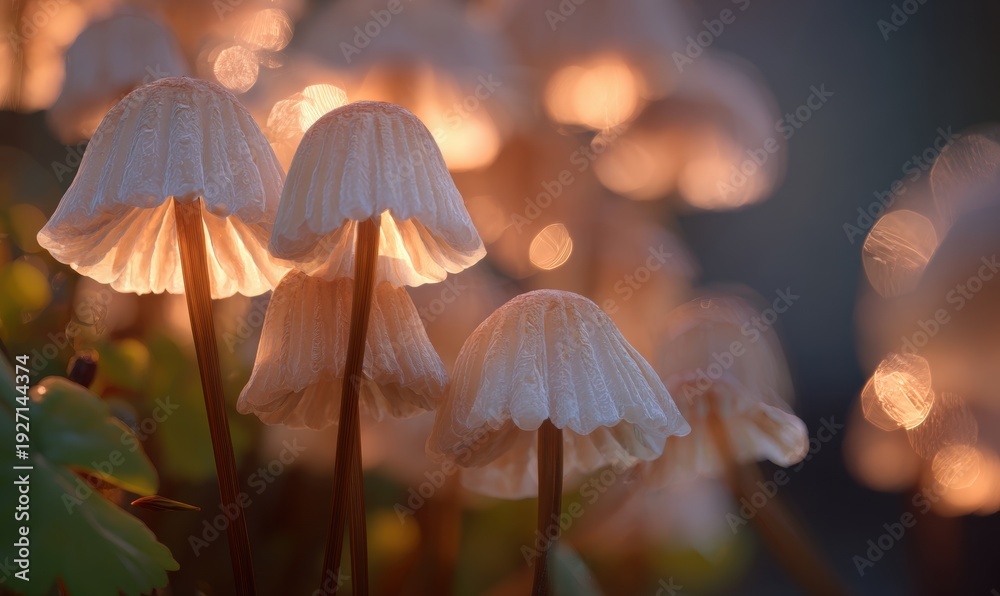 Fototapeta premium A bunch of white mushrooms with a light shining on them