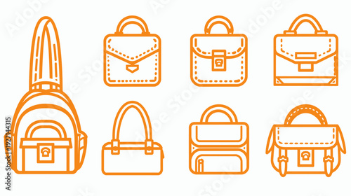 Collection of eight different orange bag illustrations with varying styles and designs, all outlined