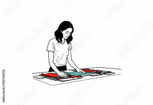 Woman Organizing and Folding Clothes on a Table Showcasing Efficient Laundry and Wardrobe Management Techniques